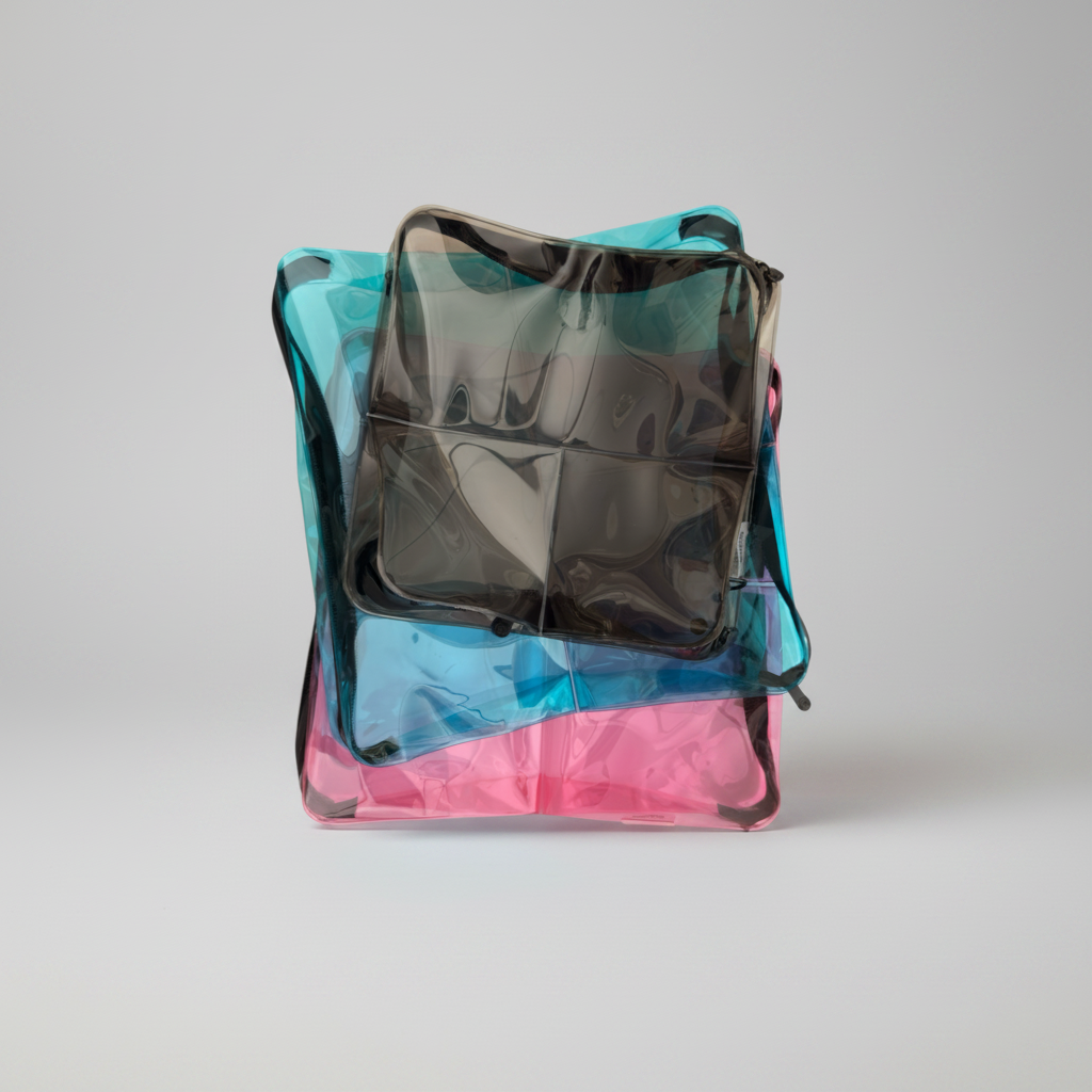 DivideNPac Organizers in pink, blue, and mink — three translucent 3-compartment organizers stacked together