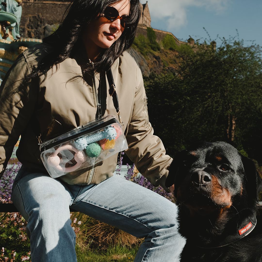 Woman with dog outdoors DivideNPac clear organizer bag nature hiking pet accessories