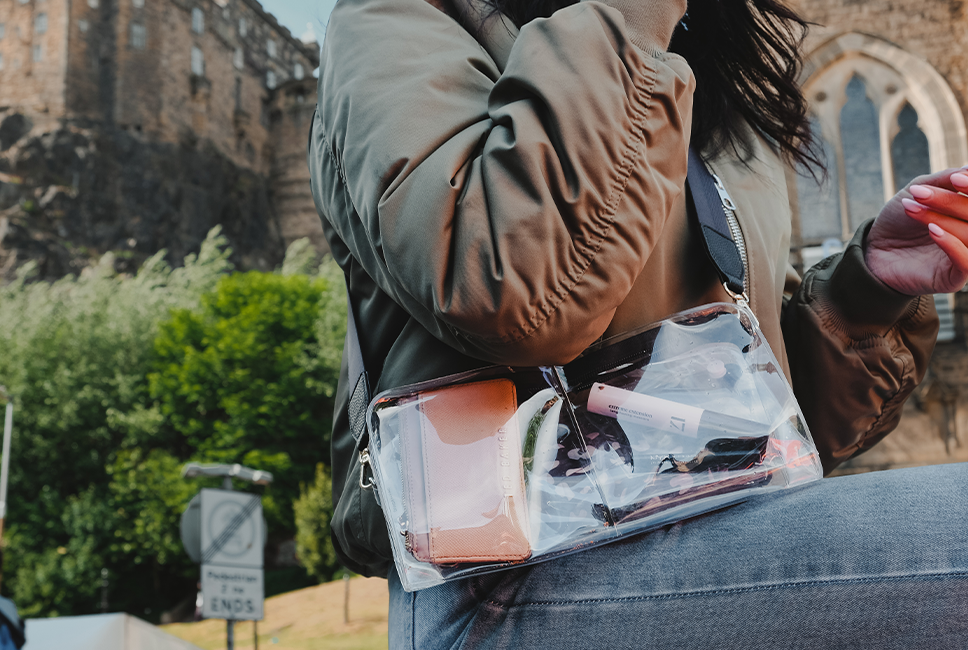 DivideNPac stadium bag worn crossbody hands-free style urban setting clear organizer