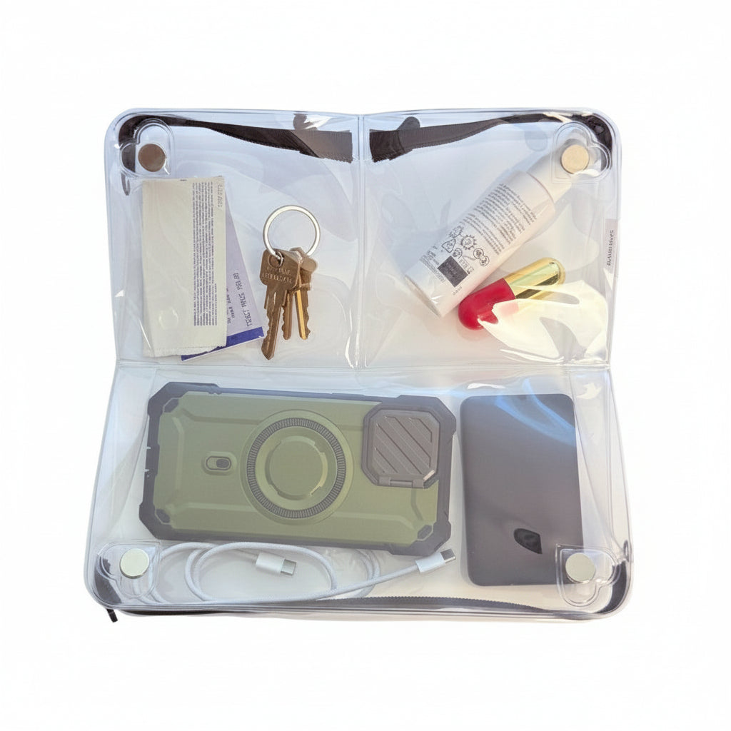 DivideNPac clear stadium bag open showing 3 zippered compartments organized with phone, keys, sunscreen, and gameday essentials.