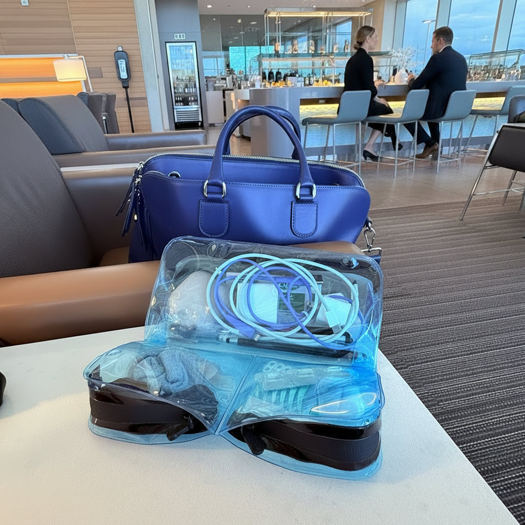 Blue DivideNPac organizer packed with travel tech and cables sitting beside a leather weekender bag in an airport lounge.