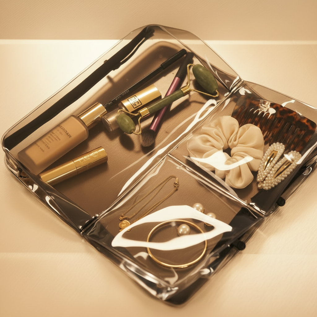 Top-down view of a clear DivideNPac organizer with makeup, hair accessories, and gold jewelry in three separated compartments.