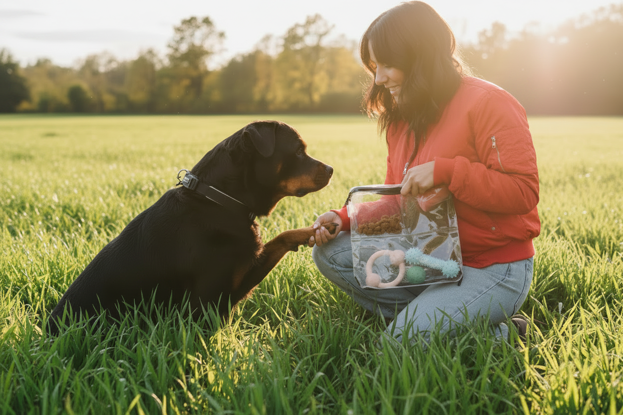 Woman kneeling in a sunlit field with her dog, holding a clear DivideNPac organizer filled with dog treats and toys.