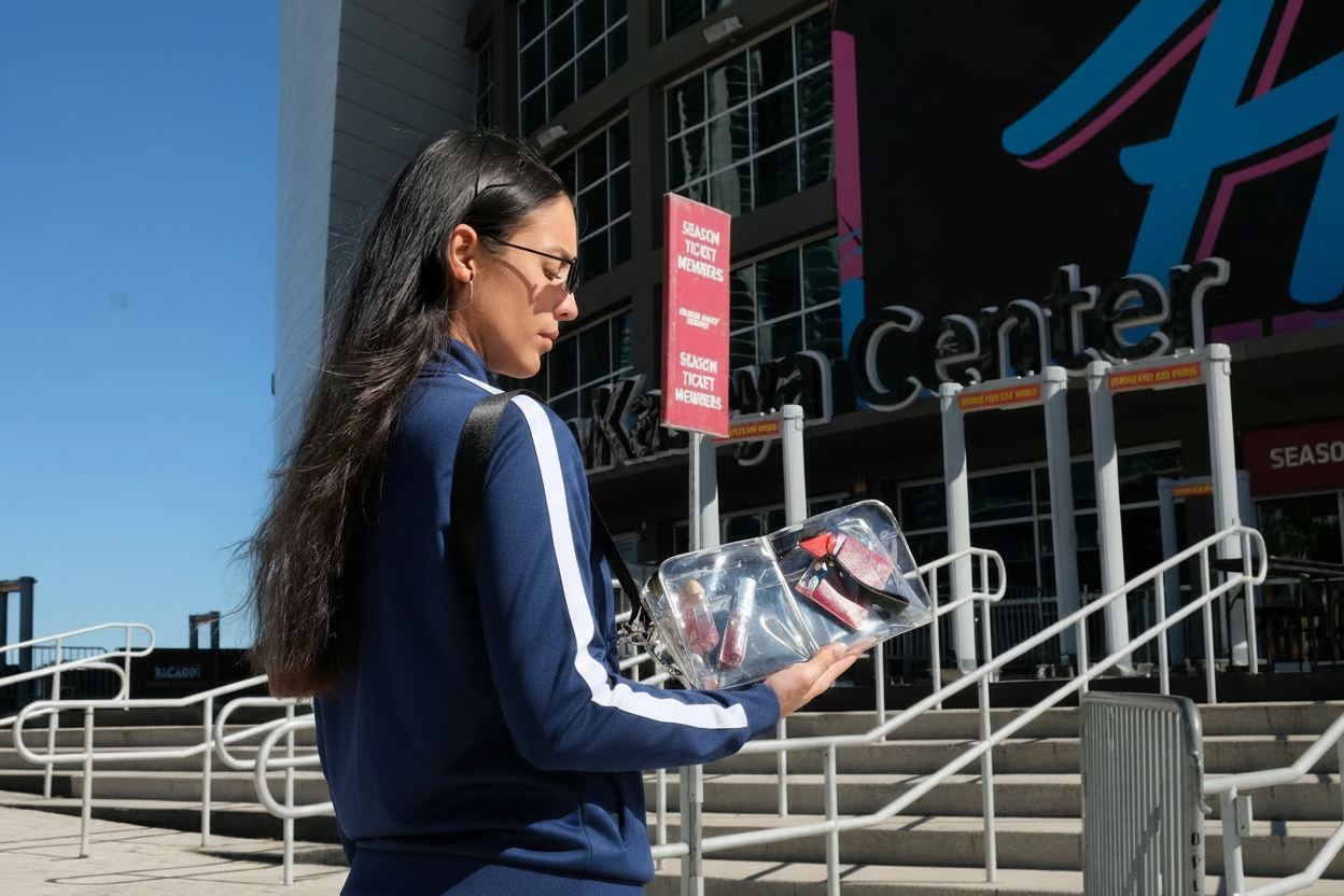 Woman with a Clear DivideNPac Stadium Bag at an arena entrance, ready for game day.