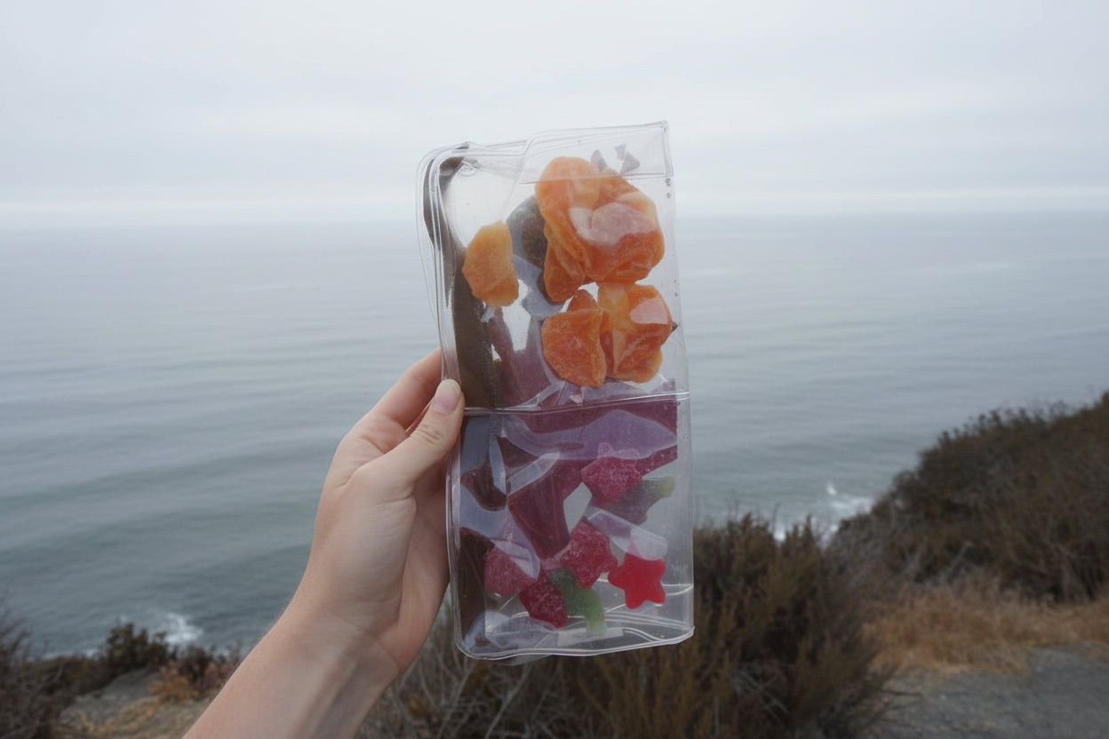 Hand holding a clear DivideNPac food-grade organizer with snacks at a coastal cliff at sunset.