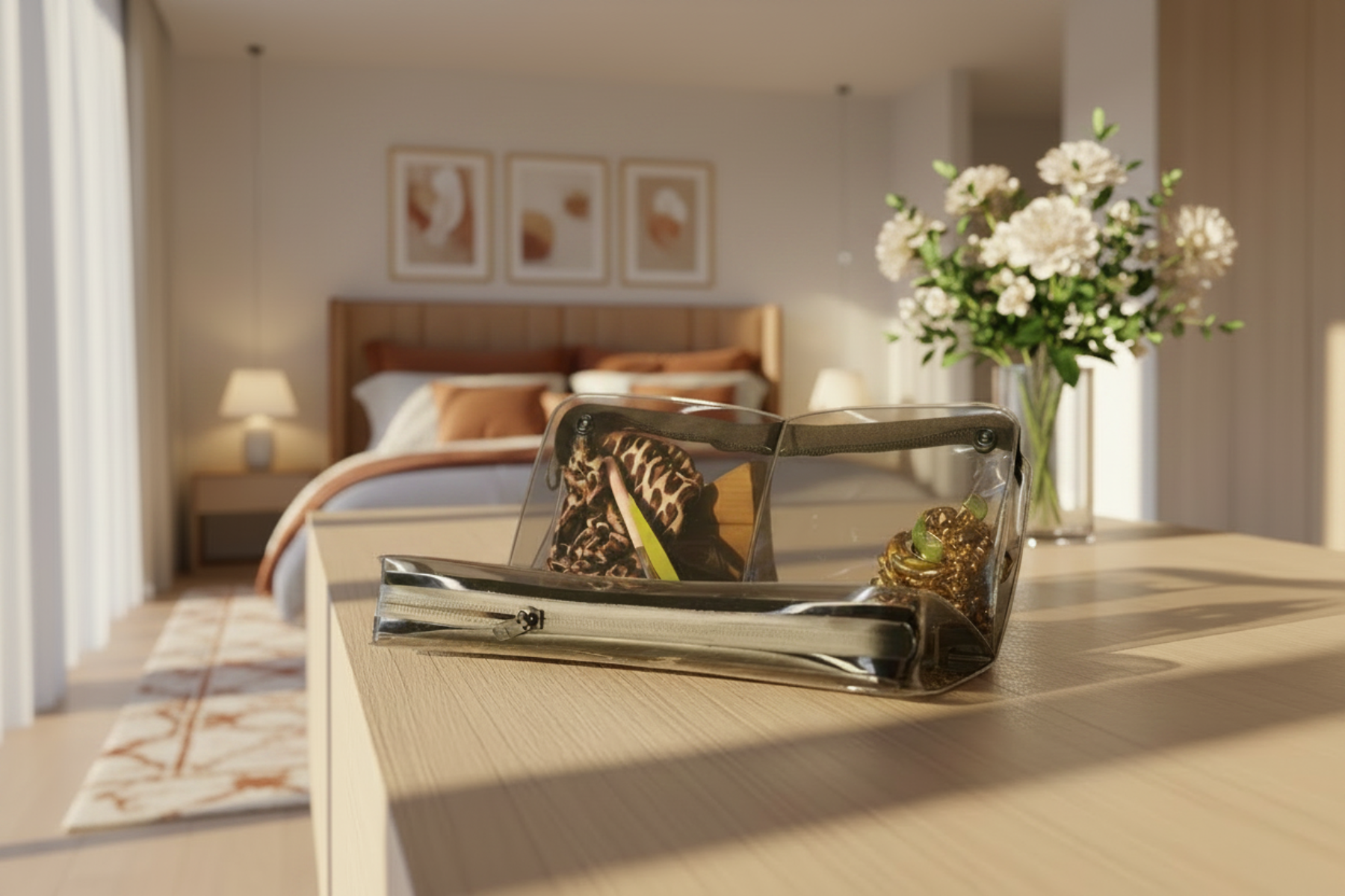 Clear DivideNPac organizer on a bedroom dresser packed with travel essentials, with a vase of flowers and a styled bed in the background.