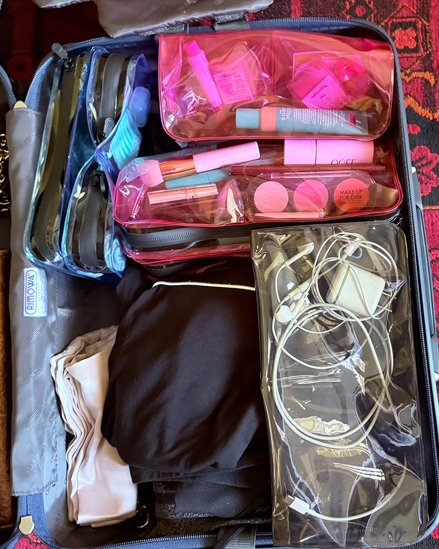 Multiple DivideNPac organizers packed in a suitcase with makeup, lip products, cables, and travel essentials.