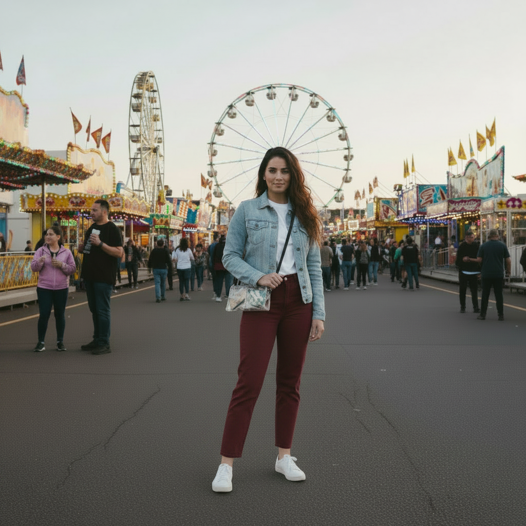 Woman with a Clear DivideNPac Stadium Bag walking the midway at an amusement park with a Ferris wheel in the background.