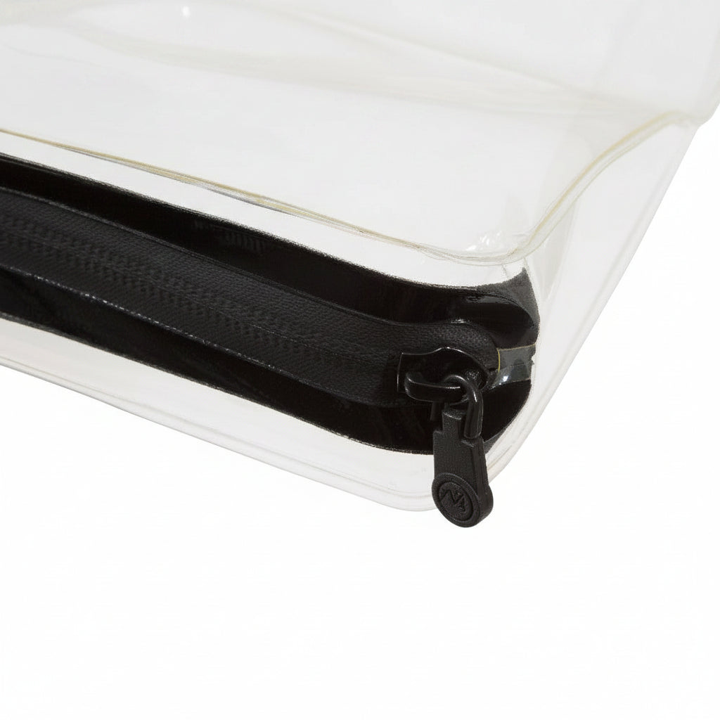 Close-up of heavy-duty zipper closure on DivideNPac food-grade TPU organizer showing secure compartment sealing