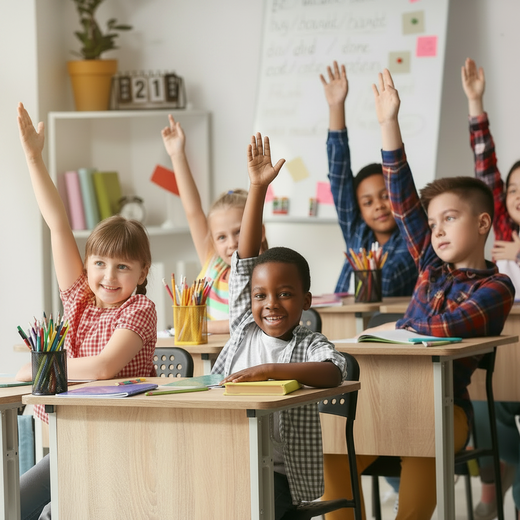Elementary students raising their hands in a classroom — schools that require clear bags trust DivideNPac.