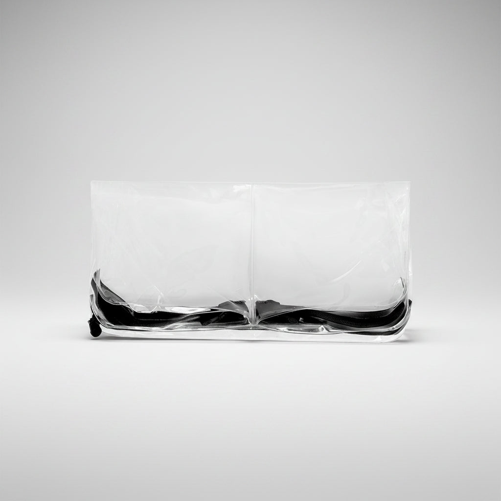 Folded DivideNPac food-grade clear organizer showing 3 zippered compartments for snacks, vitamins, and supplements.