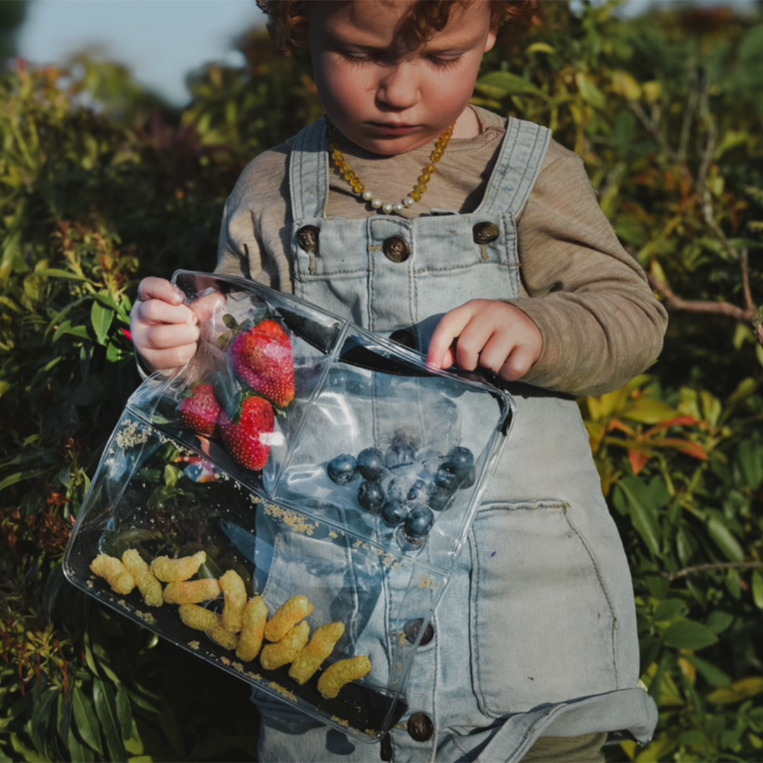 Toddler using DivideNPac 3-compartment food organizer with strawberries, blueberries, and crackers separated for allergy-safe snacking