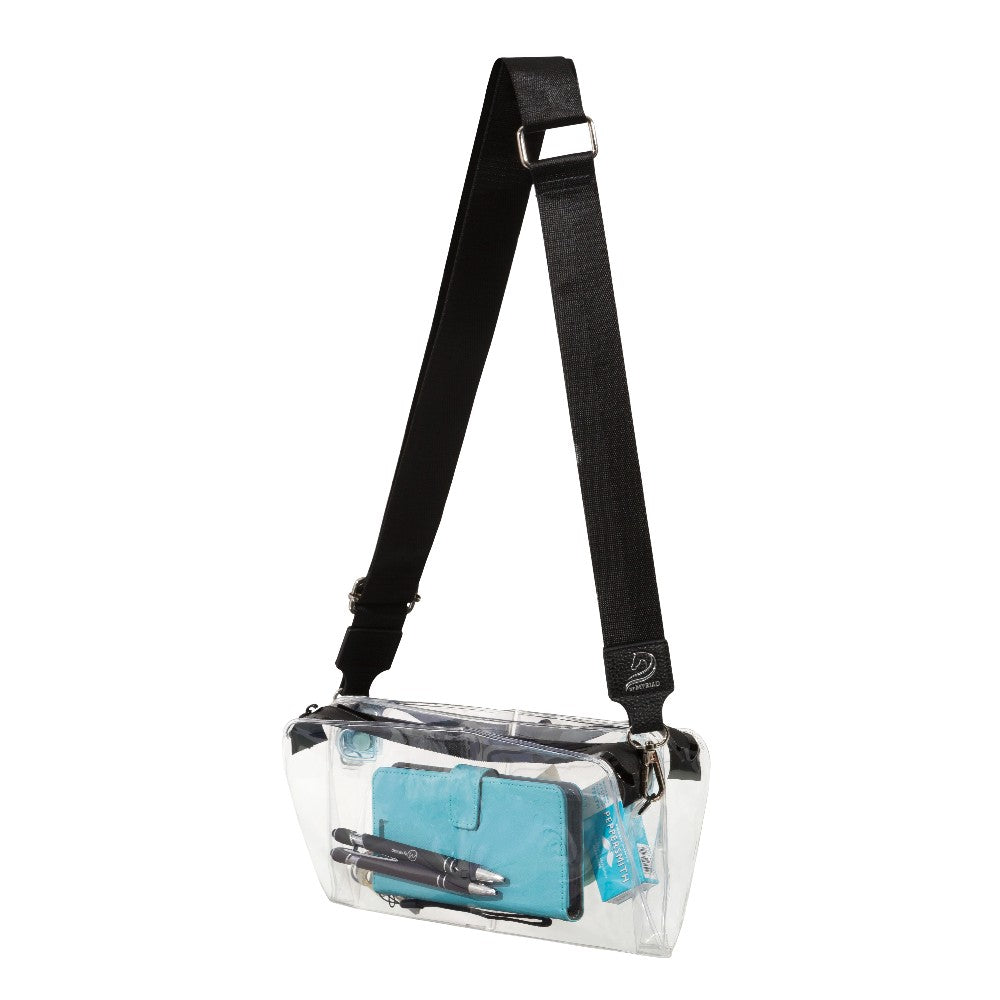Folded DivideNPac clear stadium bag showing 3 zippered compartments with phone, wallet, and essentials organized.