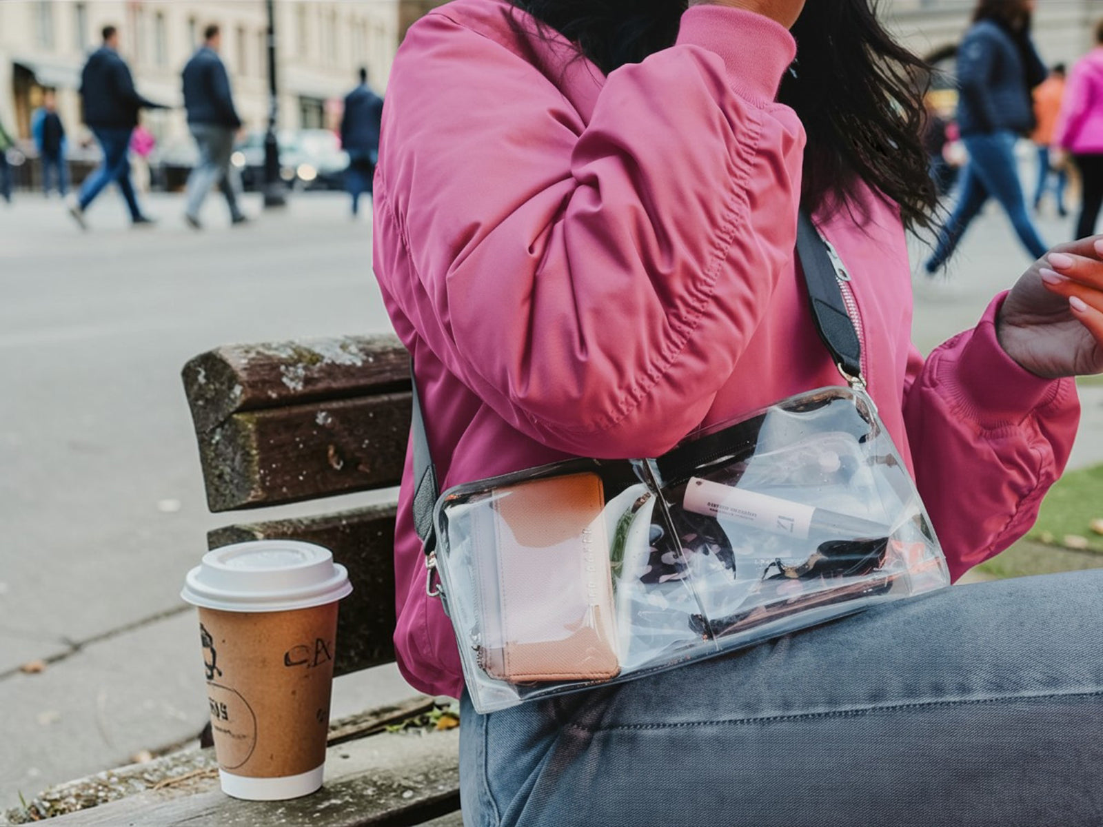 Woman in a pink puffy jacket wearing a DivideNPac Clear Stadium Bag at the waist, with a coffee cup nearby, on a city street.