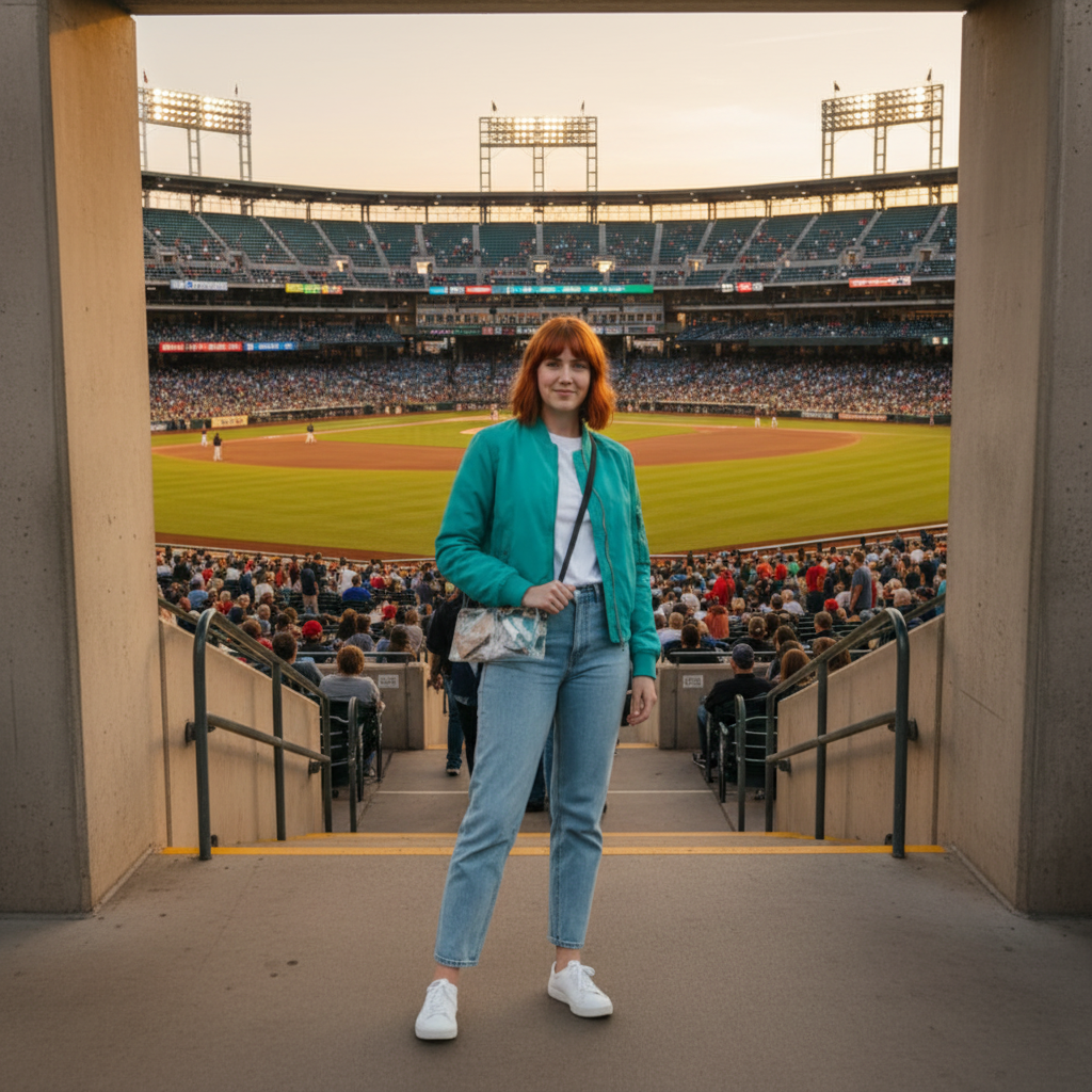 Woman with DivideNPac Clear Stadium Bag at a baseball stadium, with the field and stands visible in the background.