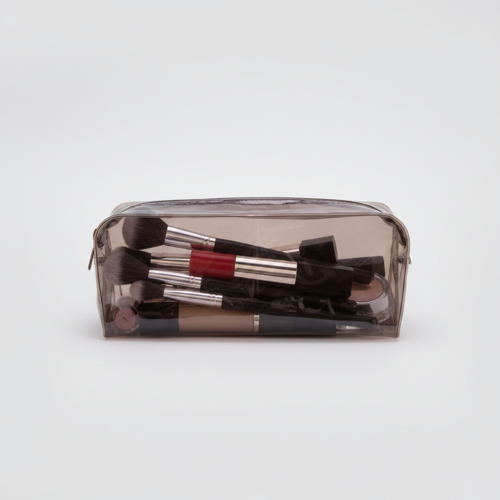 DivideNPac Mink Organizer — translucent mink-gray 3-compartment organizer folded with makeup brushes inside